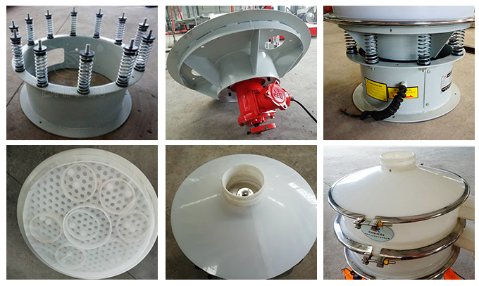 塑料振動篩彈簧底座安裝，振動電機(jī)安裝，篩網(wǎng)，防塵蓋等安裝圖片展示